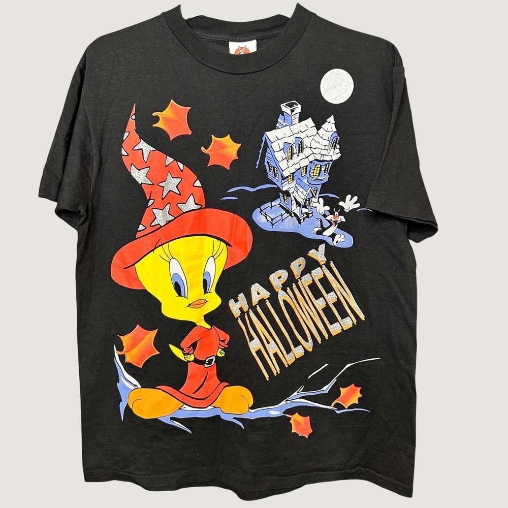 Vintage 1998 Looney Tunes Tweety Bird Happy Halloween T-Shirt Black Large 90s